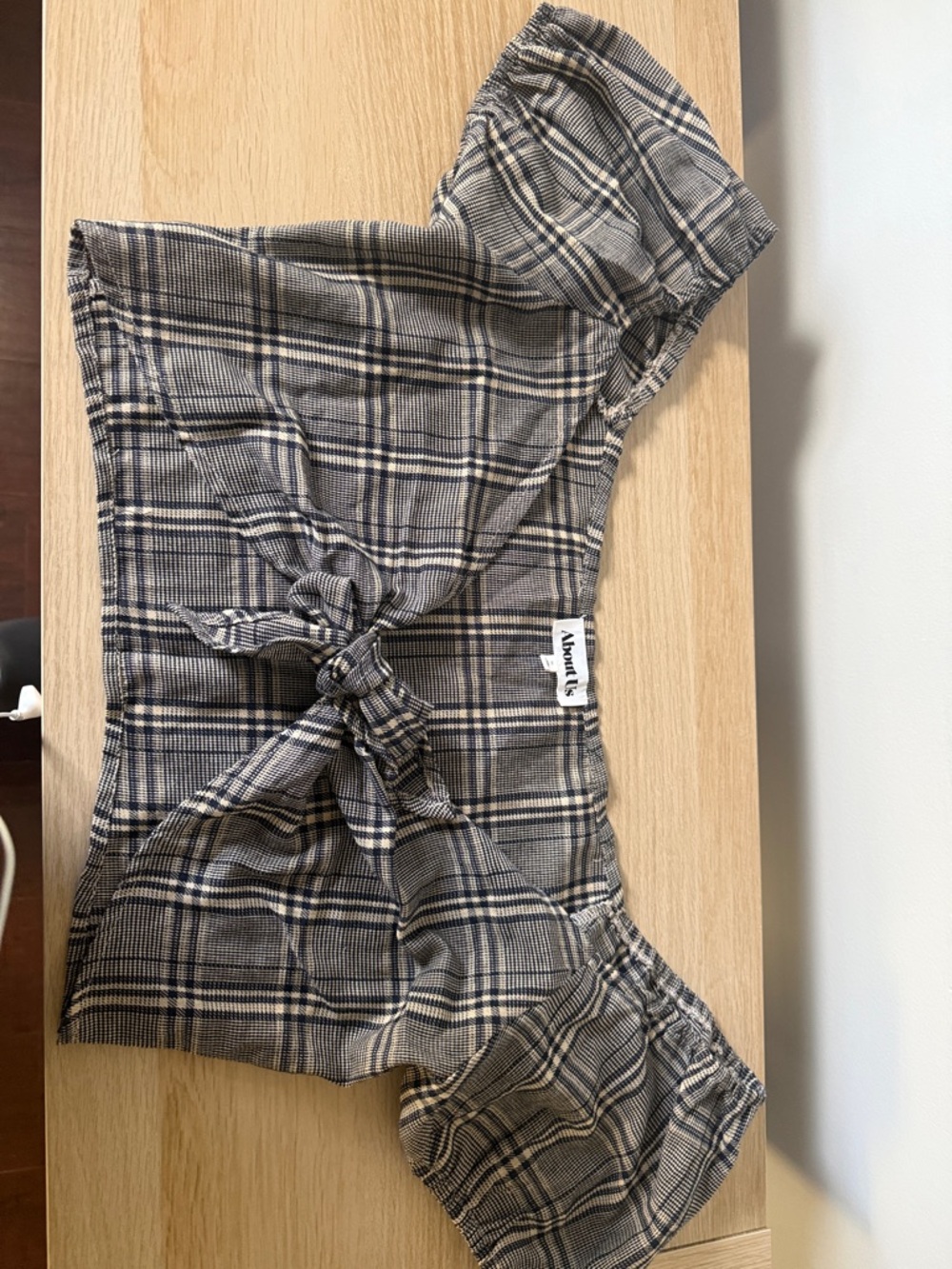 About Us Plaid Tie-Front Crop Top in Taupe & Black